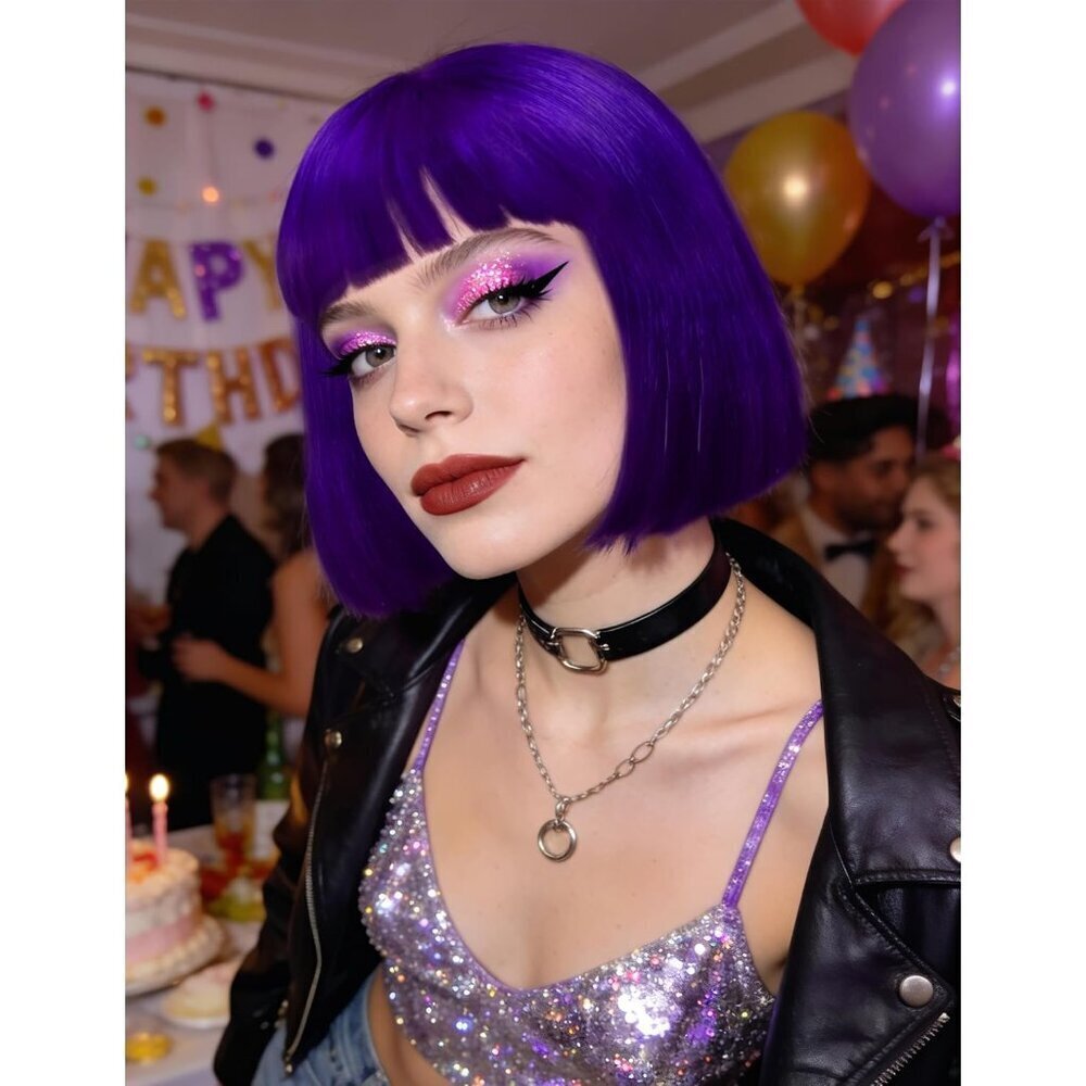 Women's Dark Purple 12 Inch Costume Cosplay Party Short Bob Wigs And Sunglass - Picture 5 of 7